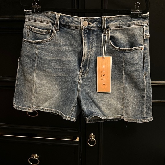 Blue Distressed Jean Shorts with Frayed Hem - Picture 1 of 5